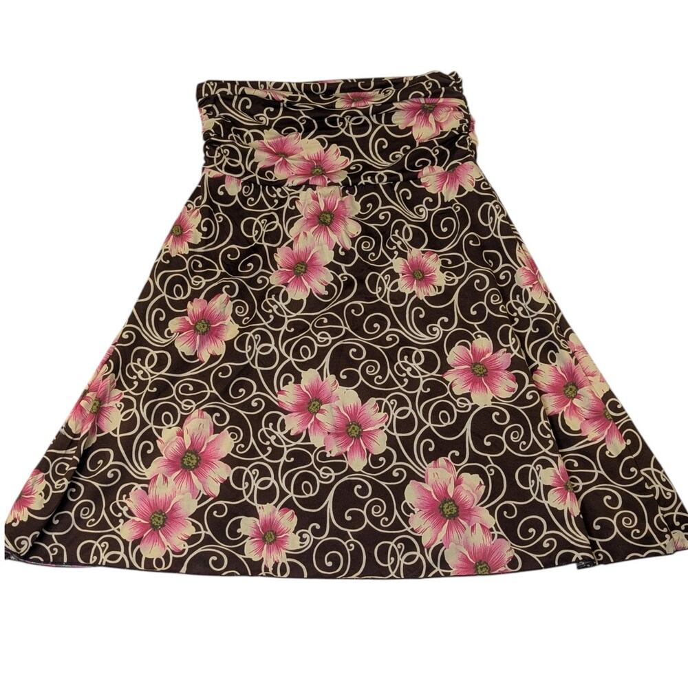 Vintage Y2K Floral A-Line Skirt Brown Pink Swirl 2000s Indie Boho Fairycore